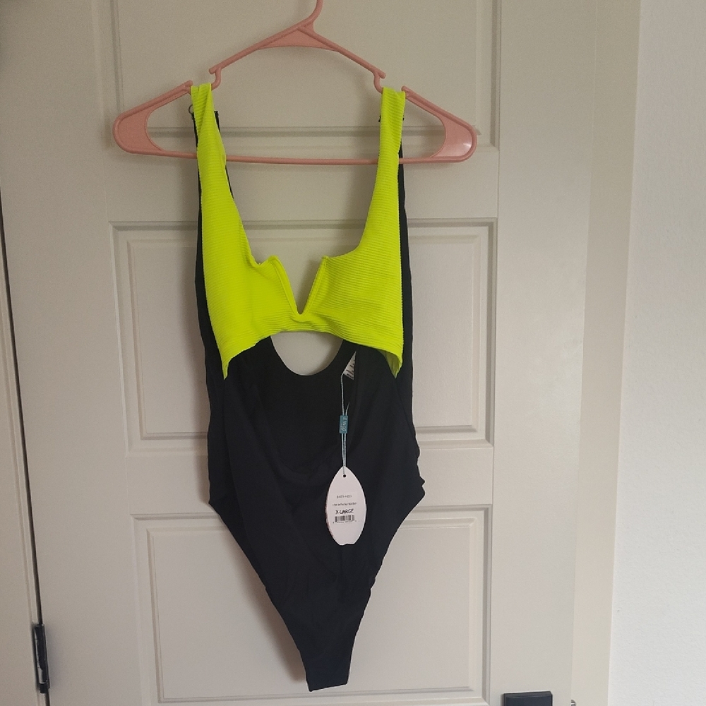 Neon Yellow and Black V-Notch One-Piece Swimsuit